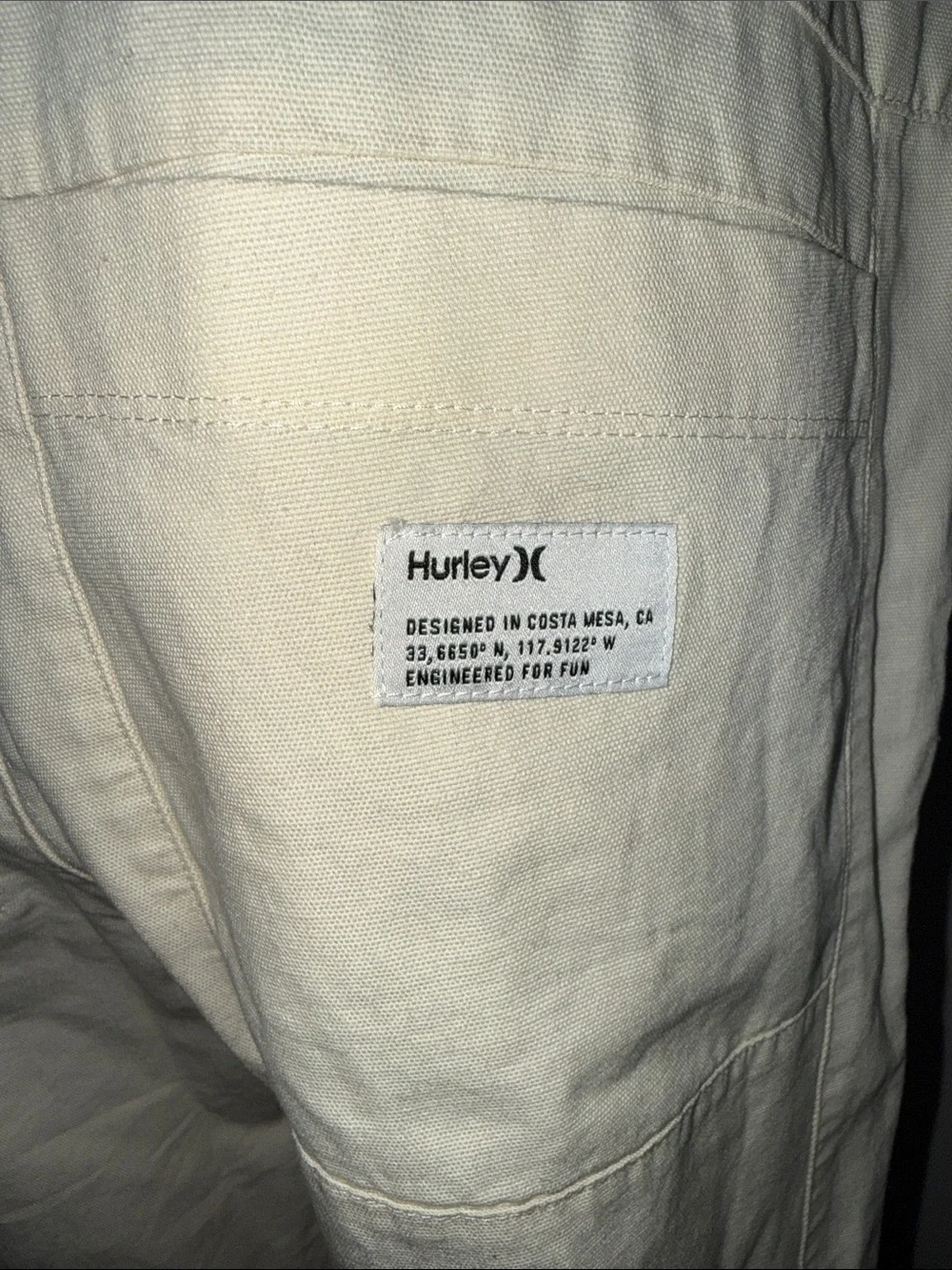 Hurley Off-White Canvas Utility Overall Jumpsuit Size Medium O-Ring Zip Front